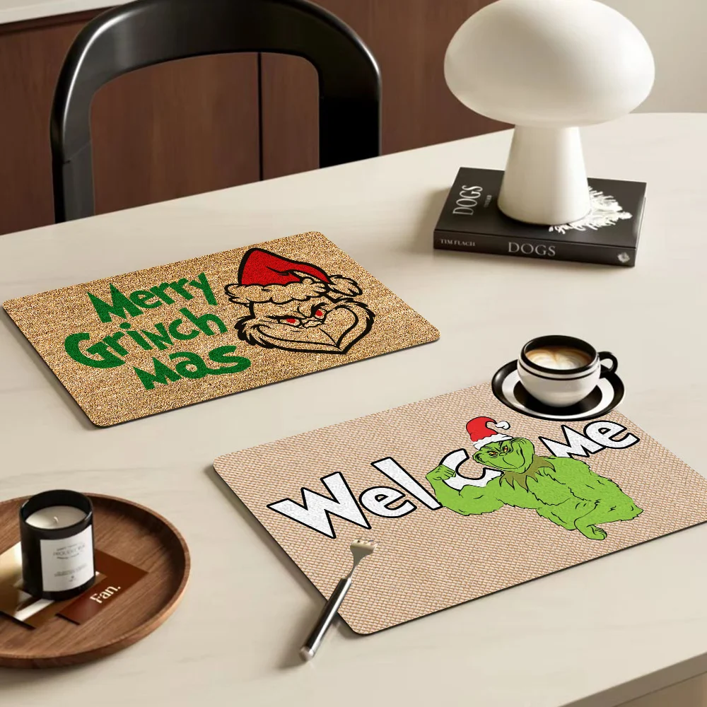 Welcome Grinch Merry Christmas Tree New Year Coffee Tablewear Drain Pad Square Absorbing Anti-slip Dry Mat Kitchen Placemat