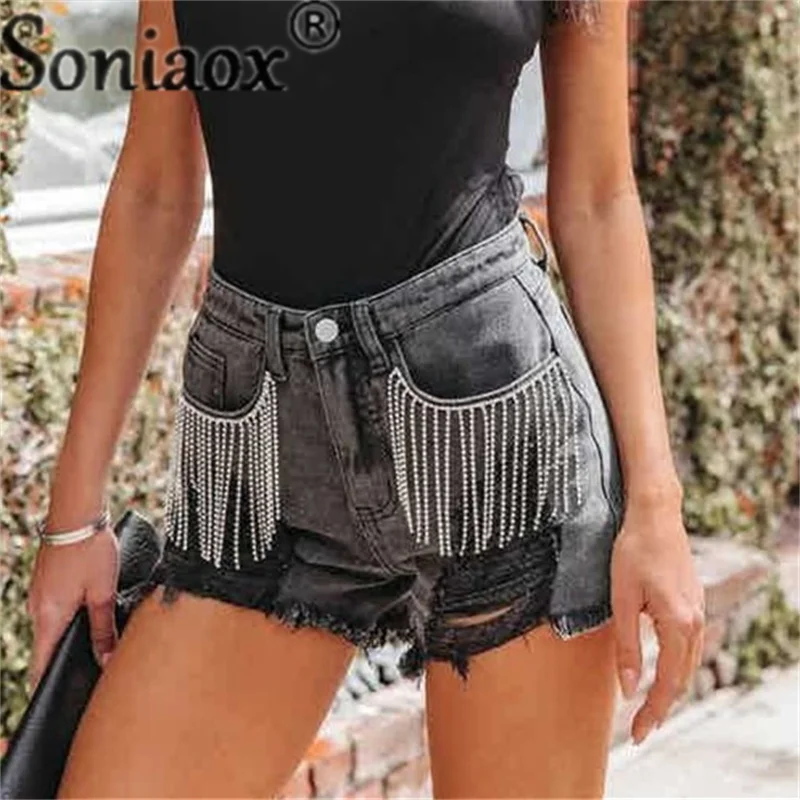 Fashion Tassel Chain Splicing Broken Holes Denim Shorts Women Streetwear Casual Three Quarter Pants Female Summer Straight Jeans