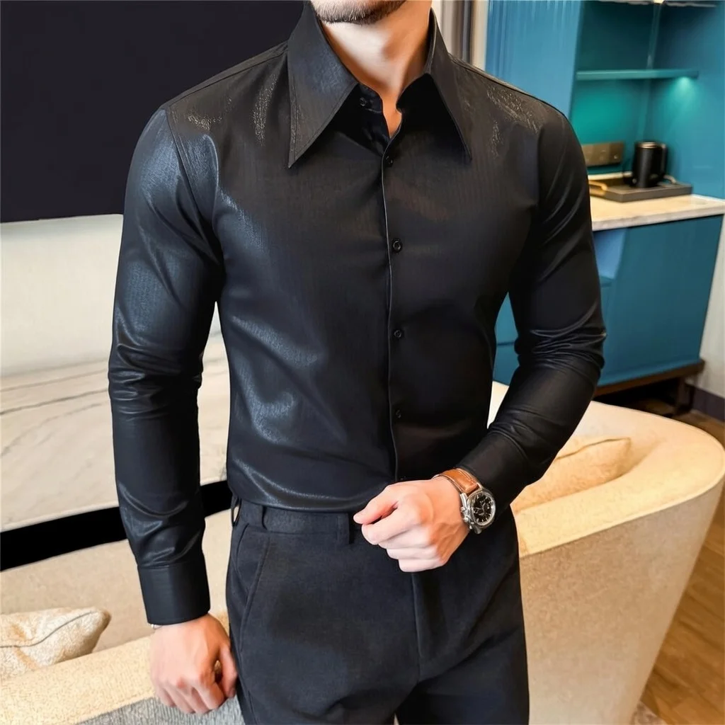 

High Quality Lyocell Glossy Shirts for Men Spring Autumn Long Sleeved Slim Man Shirt Fashion Handsome Prom Stage Mens Clothing