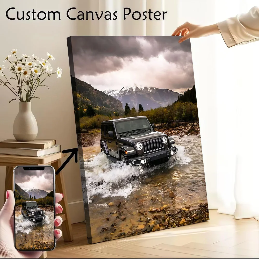 SUV Wrangler in Mountain Stream Canvas Poster Customizable Printed Canvas Painting Wall Art for Fans Room Decorations Wand Deko
