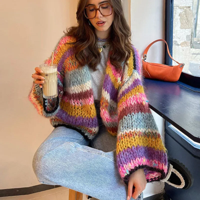 Rainbow Grid Sweater Embroidery Striped Cardigan Women Irregular Geometric Long Sleeved Cardigan Knitted Sweater Ins Loose Top