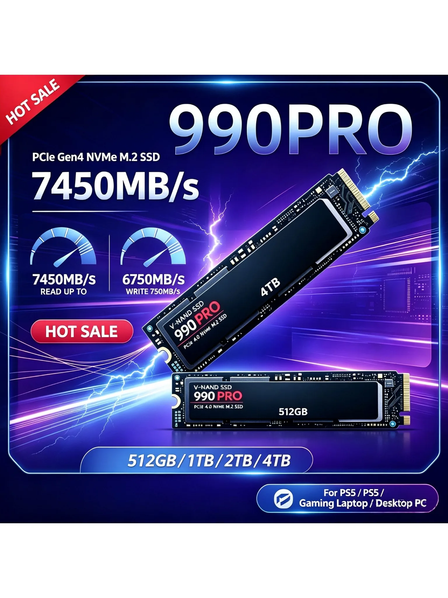 Authentische 990 PRO M.2 2280 NVMe SSD 1TB-4TB PCIe Gen4 7450MB/s Interner Speicher für PS5-Konsole, Desktop, Laptop, Computer