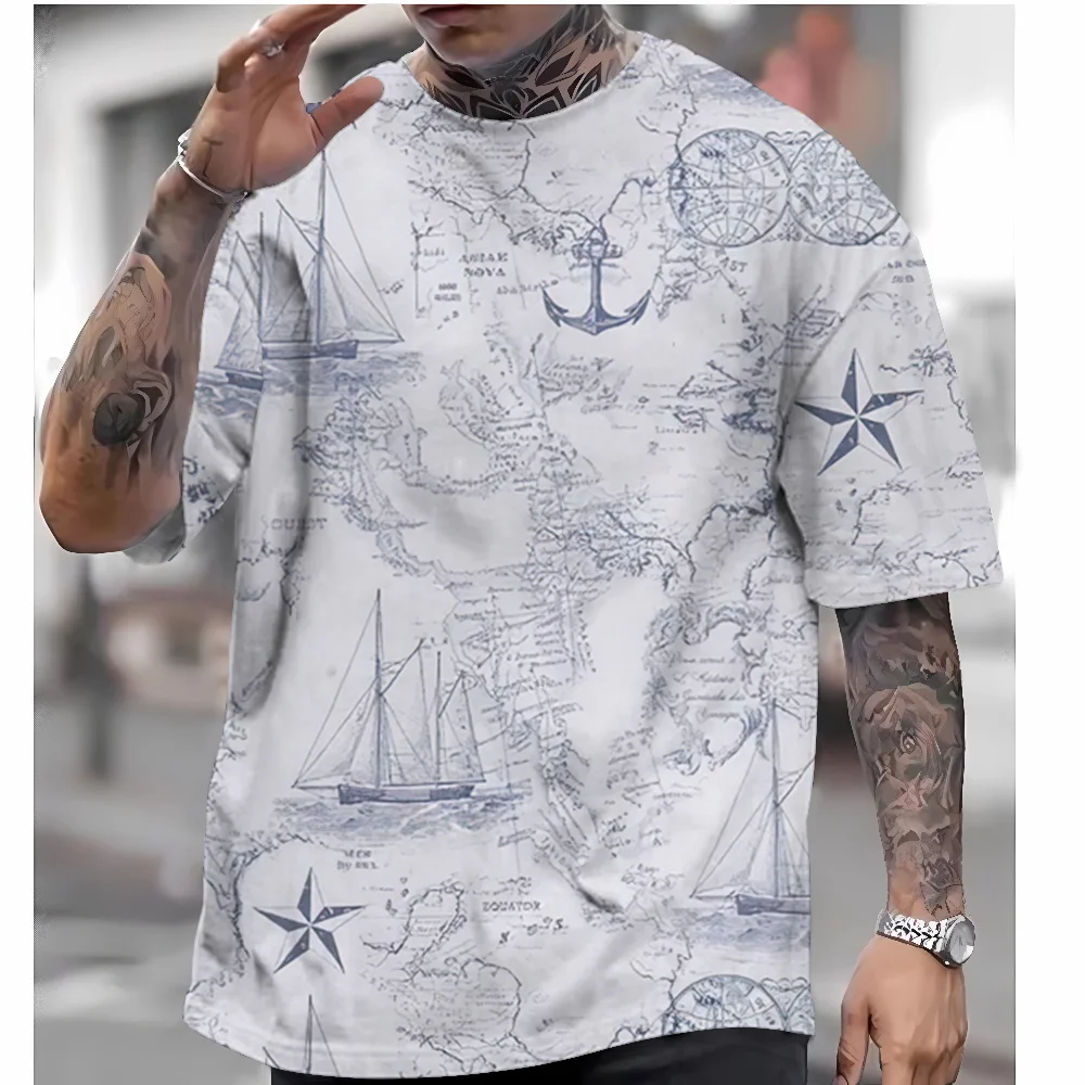 Men\'s Vintage Nautical Map Compass Print T-Shirt Summer Daily Loose Short Sleeve Male Tops Casual Tees Unisex Clothing Apparel