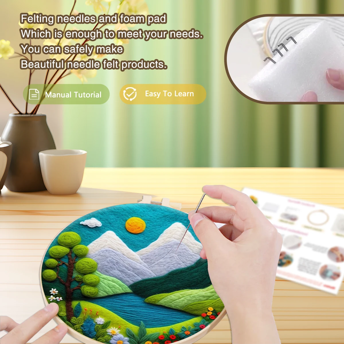 Wool Felting Painting Kit Mountain scenery Needle Felting Kit Wool Felt For Home Handicraft Decor Diy Felt Needle 20X20cm Frame