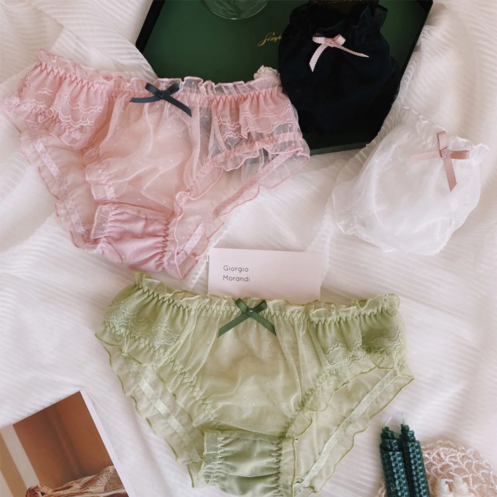 

Sweet Ruffles Hollow Lace Mid-waist Bow Briefs Underwear Mesh Panties Lingerie
