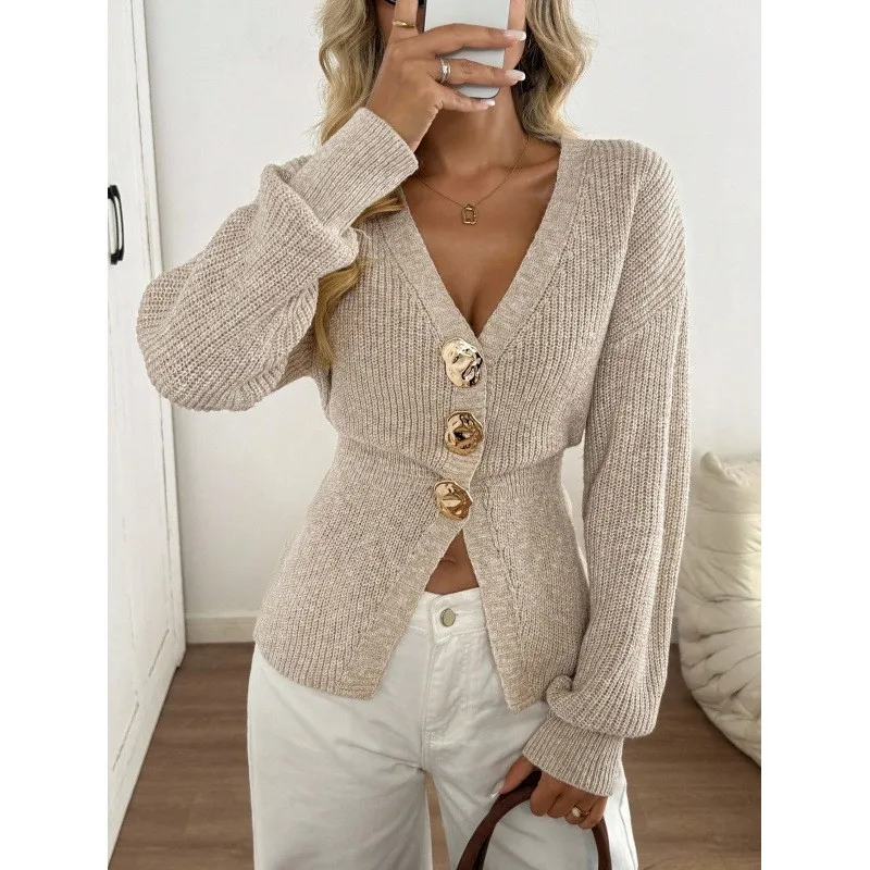 Women's Beige V-Neck Knit Cardigan Gold Button Long Sleeve Slim Fit Sweater Y2K Chic 2026 Autumn Winter New Casual Top Outerwear