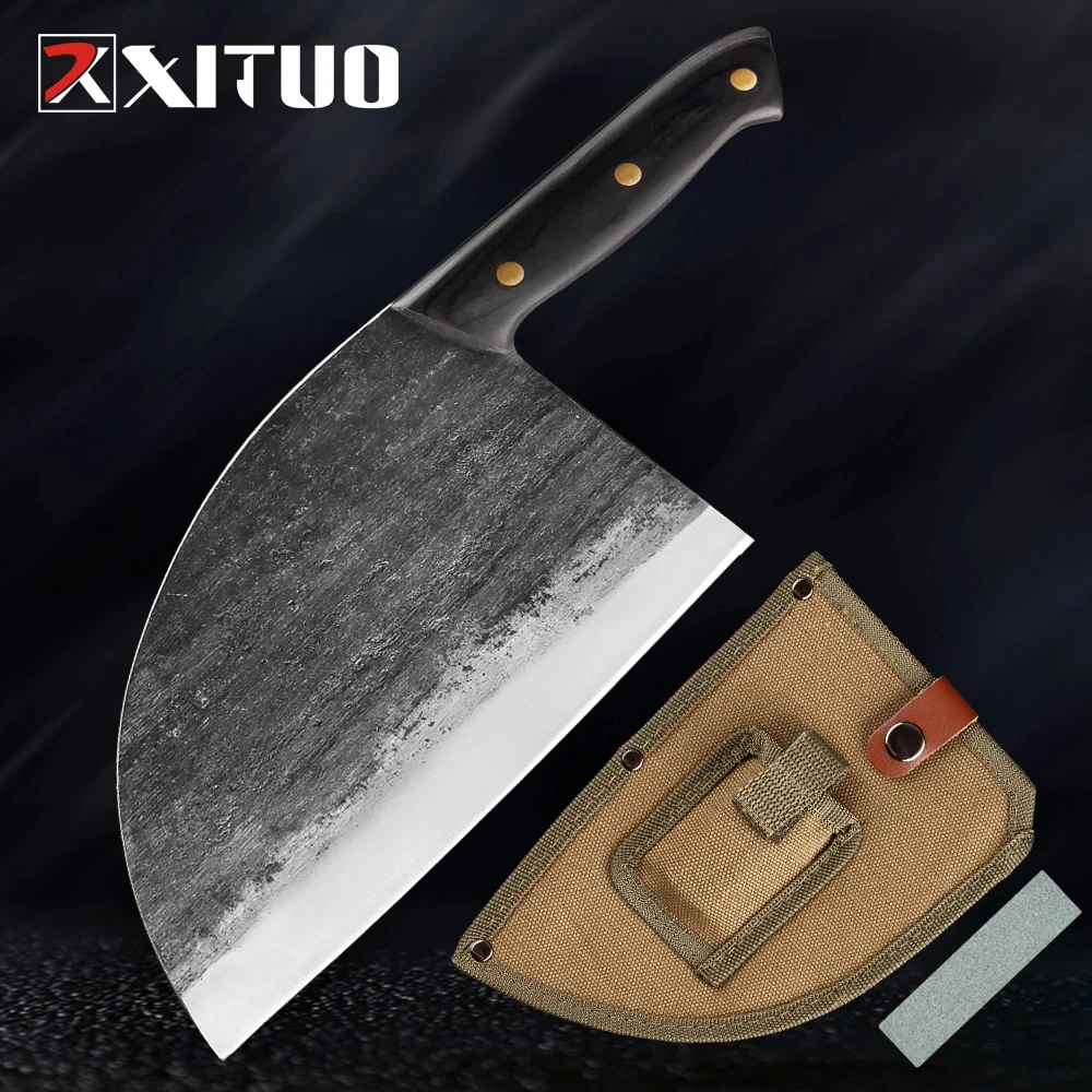 XITUO Handmade Forged Chef Knife Full Tang Chinese Cleaver Kitchen Knives Meat Vegetables Filleting Slicing Butcher Knife Broad