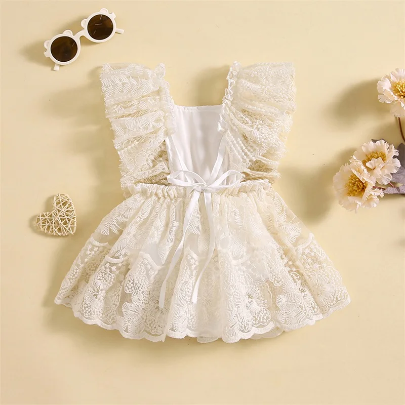 Baby Girls Romper Dress Lace Embroidered Fly Sleeve Layered Skirt Hem Bodysuits Tie-Up Backless Toddler Clothes