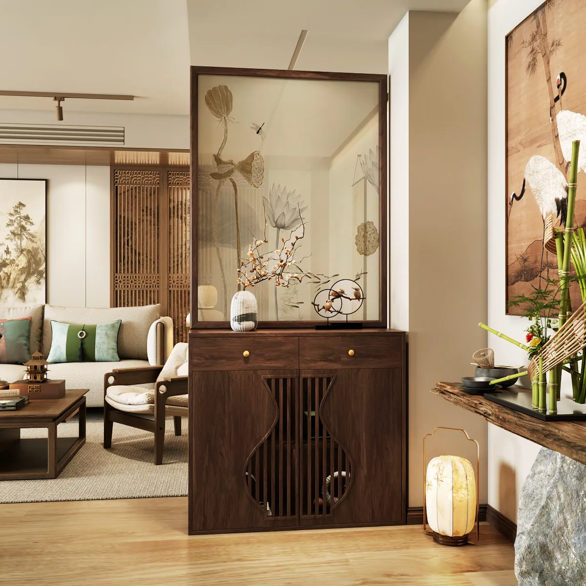 Embroidery screen lotus pattern solid wood screen shoe cabinet integrated partition entrance cabinet