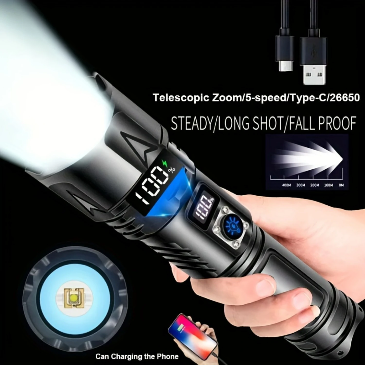 

Bright and Powerful Rechargeable LED Flashlight with Extra Long Beam for Camping, Hiking, and Emergencies - 5 Modes Zoomable Han