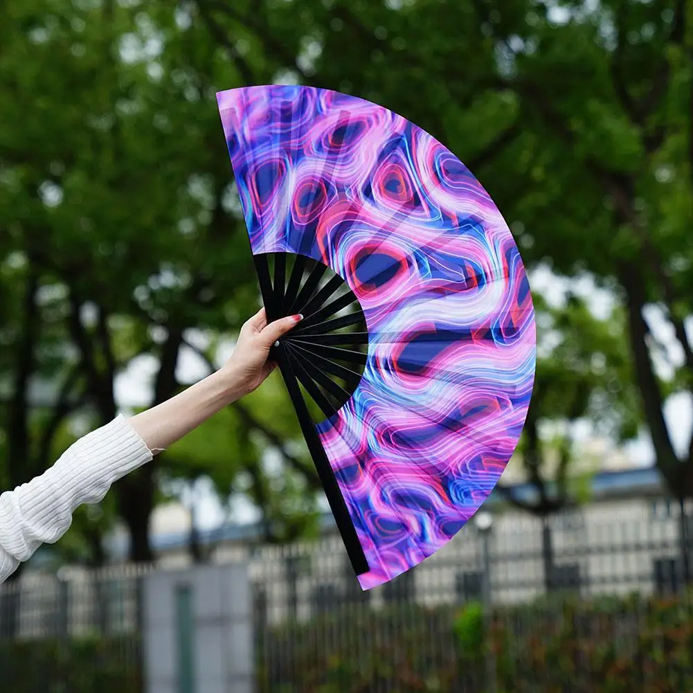 33cm Large Folding Hand Rave Fan Chinease/Japanese Gradient Colorful Reflective Foldable Fan Music Festival Fan Dance Fan Gifts