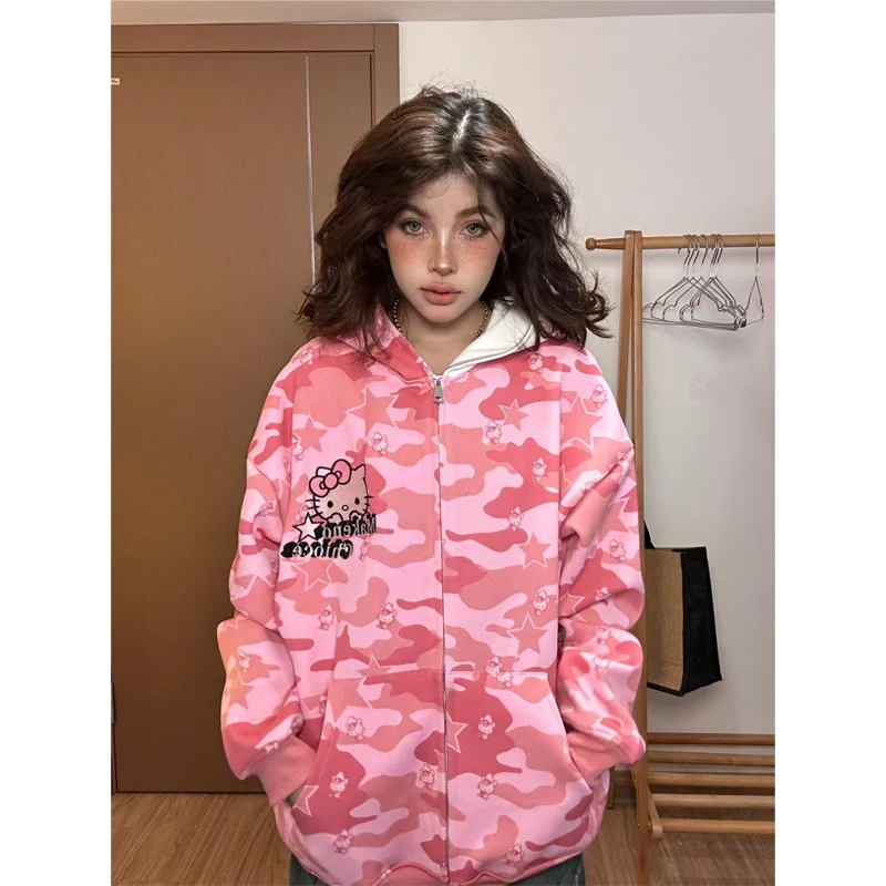 Kawaii Hello Kitty Women Hoodies Coat Autumn Winter Vintage Zip Up Loose Hooded Sweatshirts Y2K Long Sleeve Jacket Top Gift