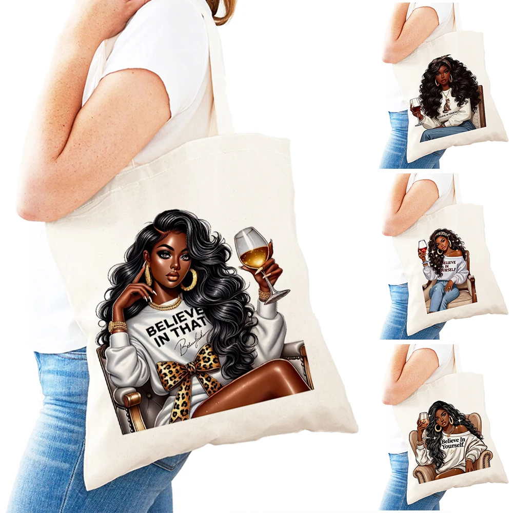 

Casual Cartoon Africa Lady Shopping Bags Girl Shoulder Tote Double Print Handbag Lightweight Foldable Black Women Shopper Bag