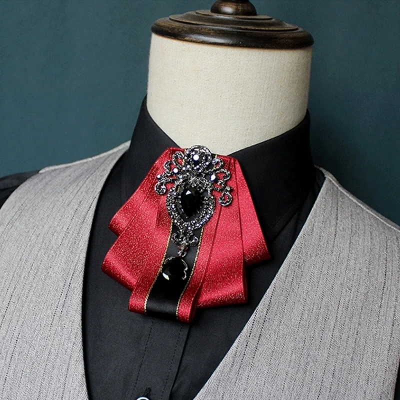 Mens Women Silk Ribbon Bowtie Brooch Pin Wedding Crystal Rhinestones Vintage Bowknot Clip Shirt Collar Pretied Necktie