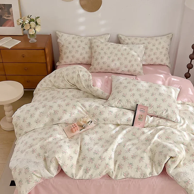 

100% Cotton Bed Linen Set Pastoral Style Bedding for Girls Home Lace Quilt Cover Set Single/Queen/King Size Bedsheet Set 침구세트