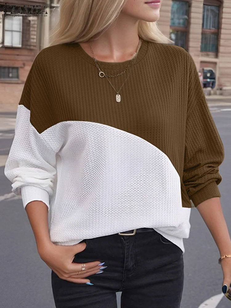 ZANZEA Women Waffle Patern Tees Casual Loose Color Block Tops Holiday Autumn Long Sleeve Tunic Fashion Round Neck Simple T-shirt