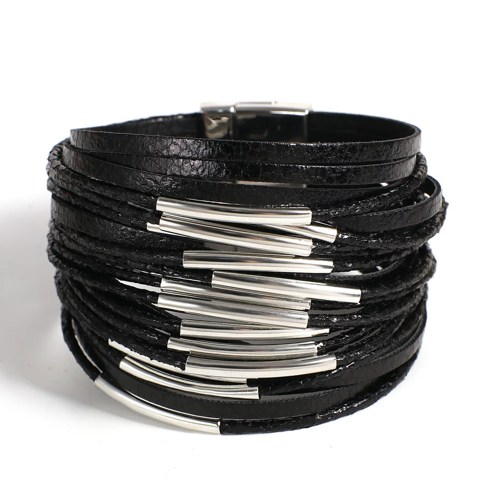 ALLYES Trendy Metal Tube Leather Bracelet for Women Men Chunky Glitter Filled Slim Multilayer Wrap Wide Bracelets Party Jewelry