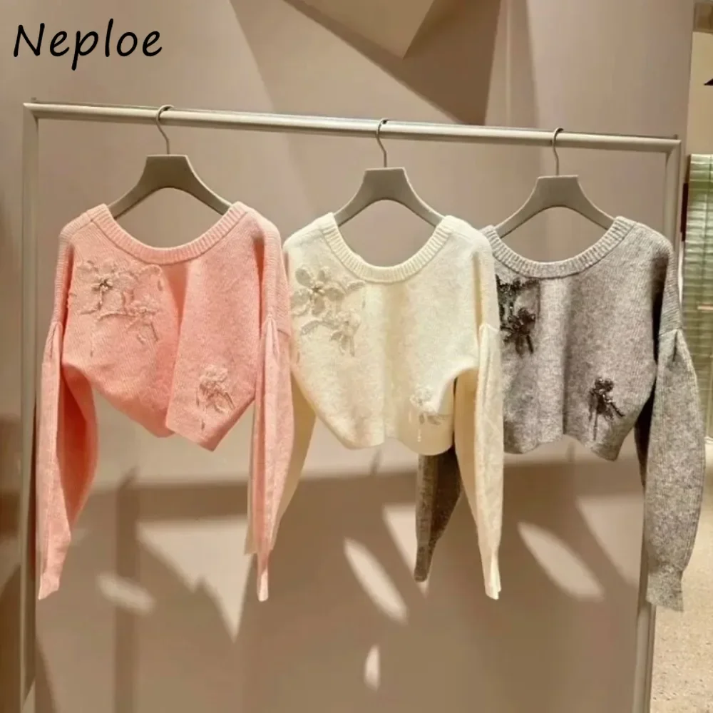 Neploe Winter New Slash Neck Off Shoulder Sweaters Beading Flower Short French Style Pullover Japan Sweet Cute Exquisite Mujer