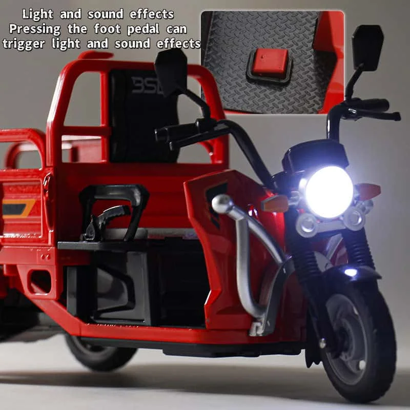 Tricycle électrique de simulation 1:12, modèle de voiture en alliage, jouet avec son et lumière, traction arrière, un cadeau parfait pour les vacances de pâques