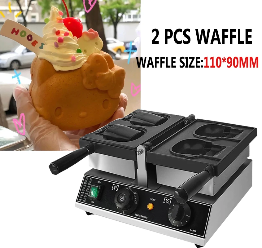 1800W 전기 3피스 와플 기계 - 귀여운 키티 만화 고양이 모양, 입 열기, 타이야키 및 아이스크림 메이커