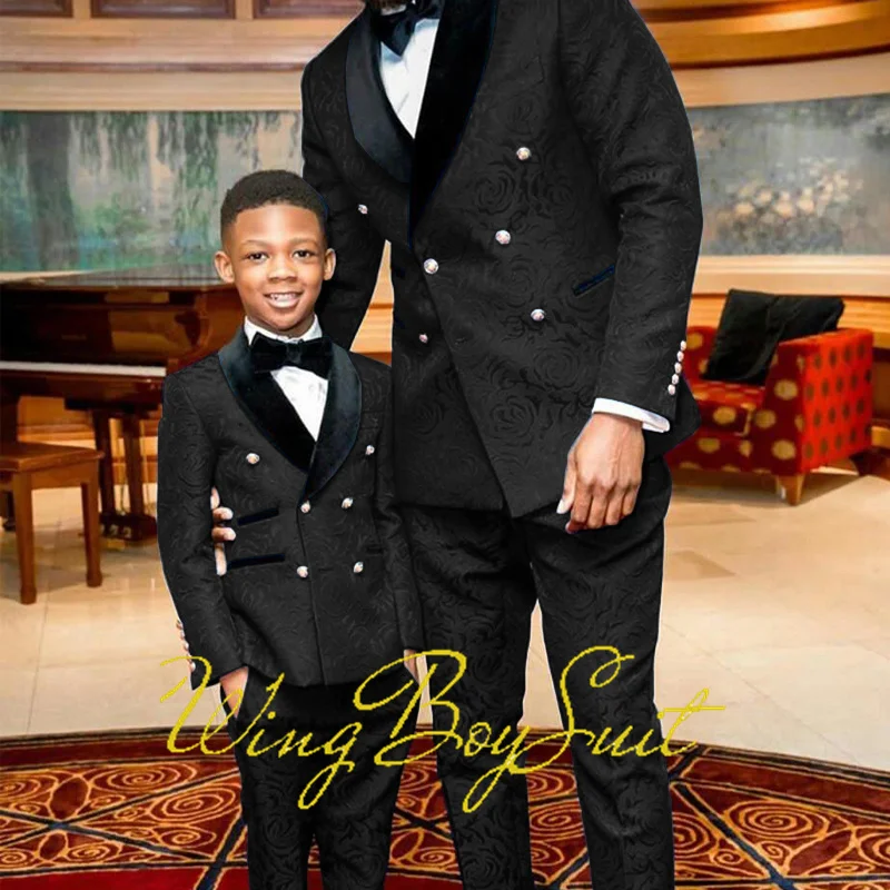 Suit for Boy Father Wedding Tuxedo Double Breasted Jacket Pants 2 Piece Set Gold Button Design Pattern Blazer Kids