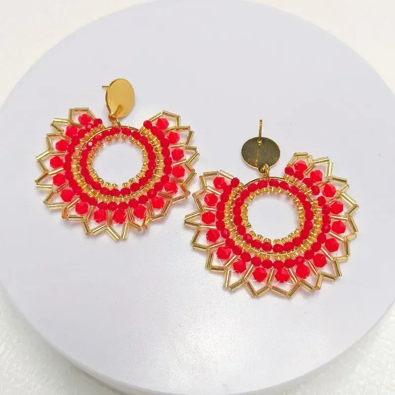 2025 Handmade Bead Earring Crystal Sunflower Design Originality Hand Knitting Bohemia Beaded Earrings for Women