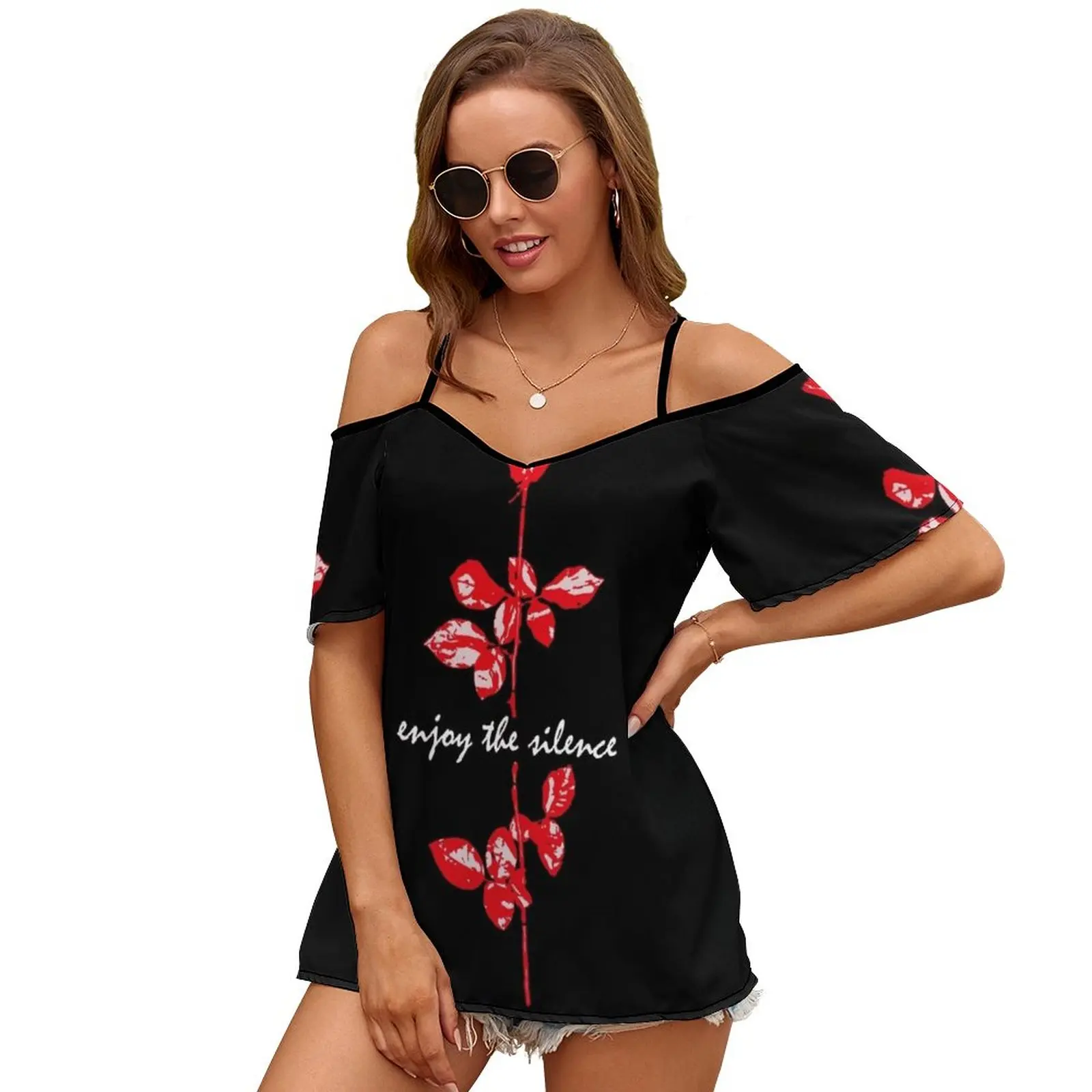 Enjoy The Silence Slit Sleeve Cold Shoulder Print Women T Shirt Casual Summer Tee Tshirt Loose Top Enjoy The Silence Silence Dm