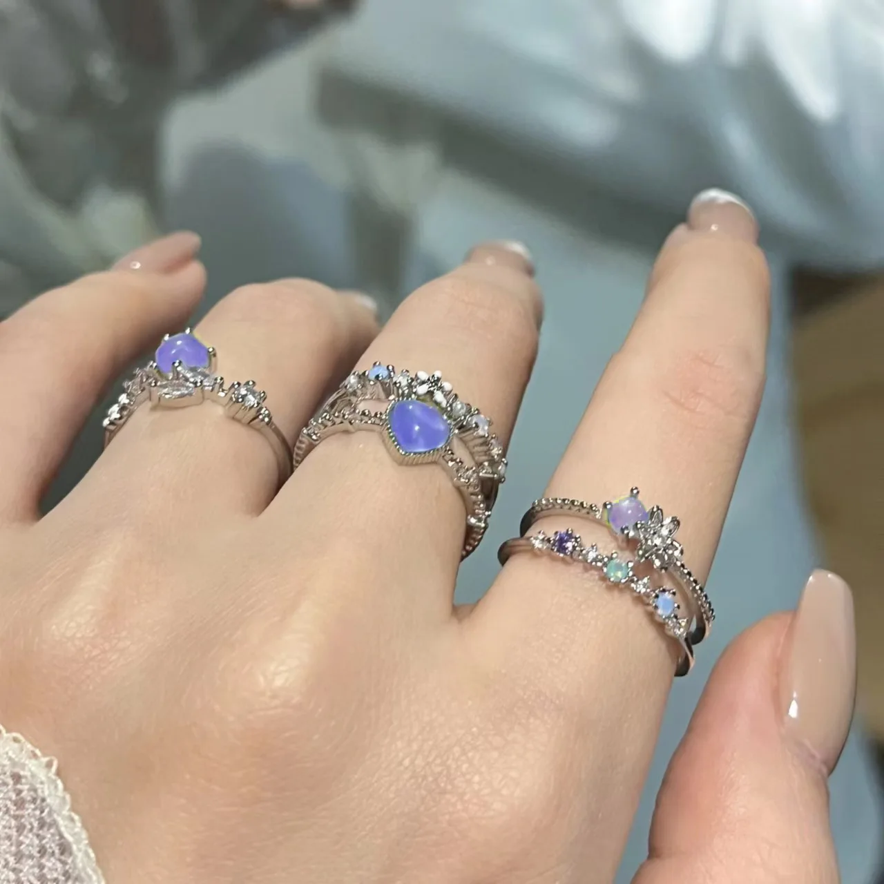 New Y2K Crystal Rings Kpop Heart Adjustable Ring Irregular Geometry Punk Vintage Rings Set for Women Girls 2025 Fashion Jewelry