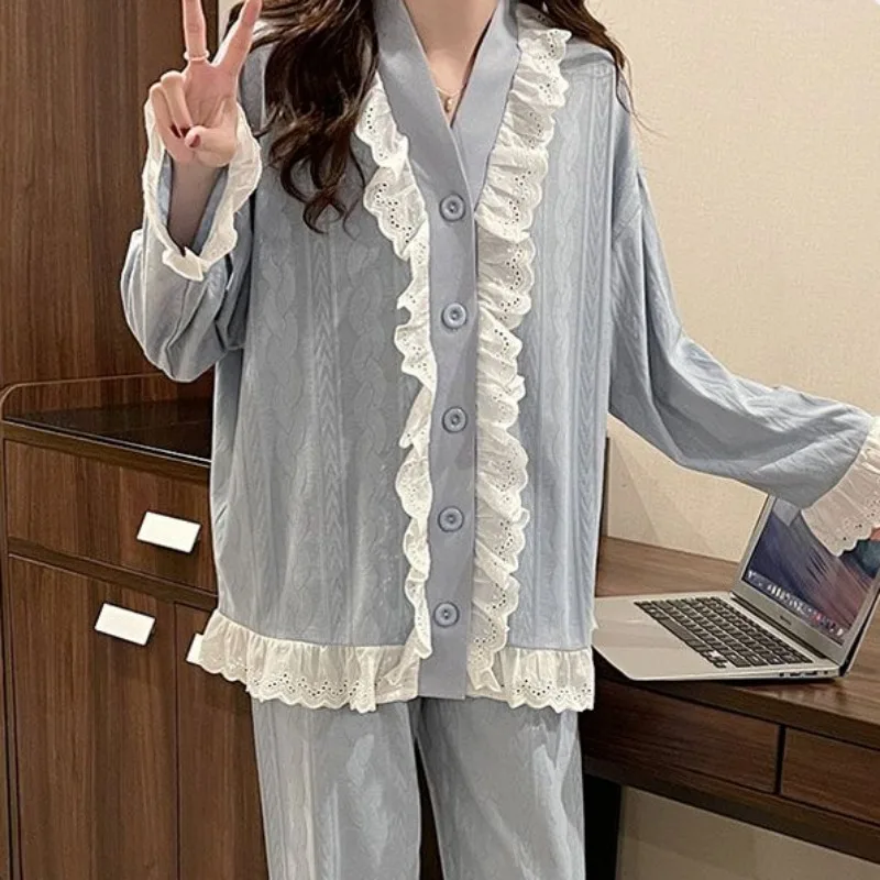 

Pregnant Women Spring Autumn Pajamas Pure Cotton Large Size Adjustable Pyjamas Two-piece Set of Solid Color Lacework Nightgown