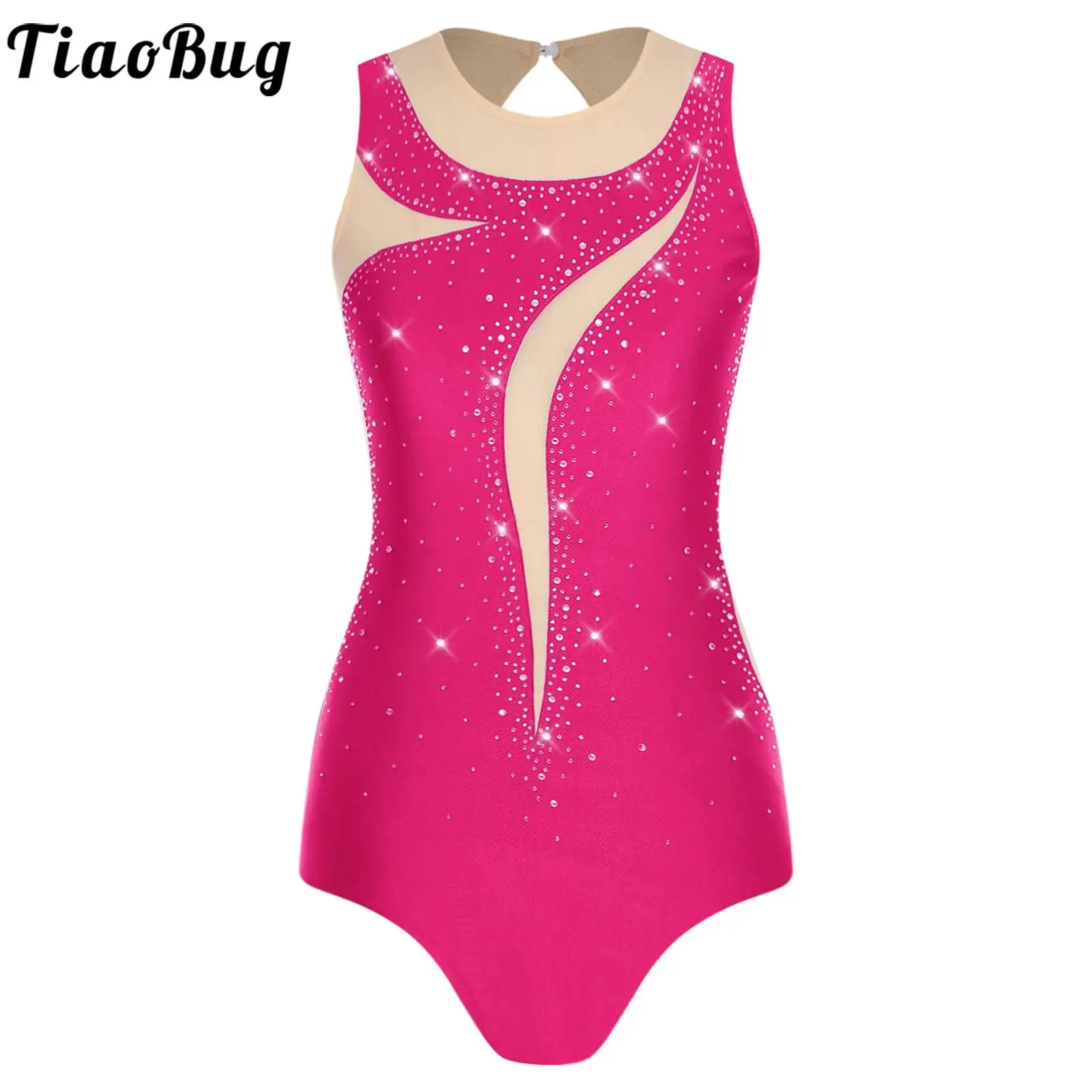 

Women Gymnastics Leotard Sleeveless Sheer Mesh Patchwork Rhinestone Bodysuit One-piece Jumpsuit for Ballet Dance Figure Skating