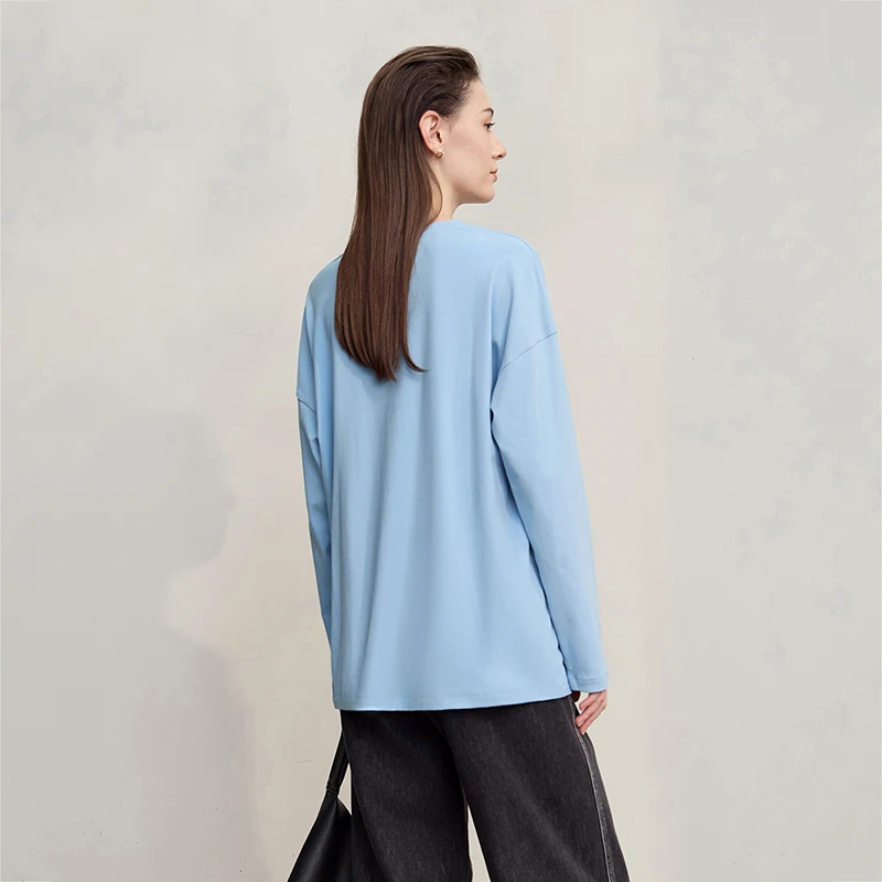 AMII المرأة تي شيرت 2025 الخريف جديد عادية متعددة الاستخدامات المتوسطة والطويلة المرأة القطن إلكتروني الطباعة فضفاضة طويلة الأكمام12543216