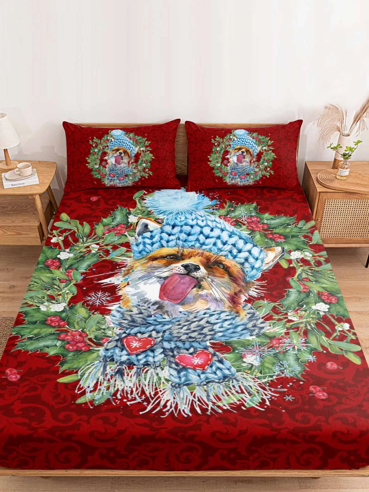 

Christmas Fox Wreath Red Fruit Watercolor Fitted Sheet Mattress Cover Four Corners Elastic Band Bed Sheet With Pilllowcase