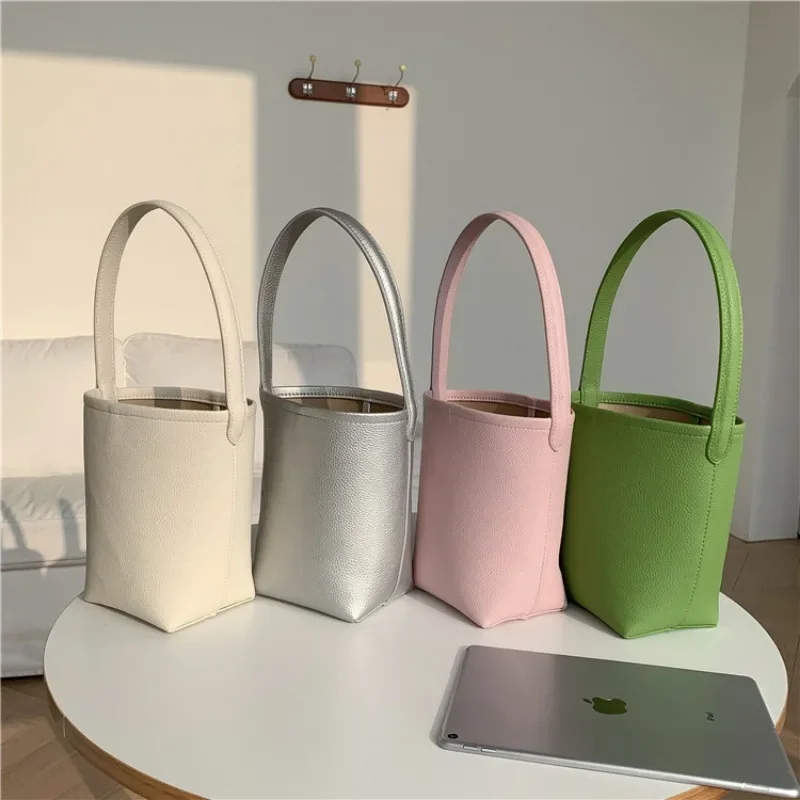 New Popular Trendy Bucket Bags for Women 2024 Solid All Match PU Shoulder Bag Fashion Office Lady Autumn Underarm Bag