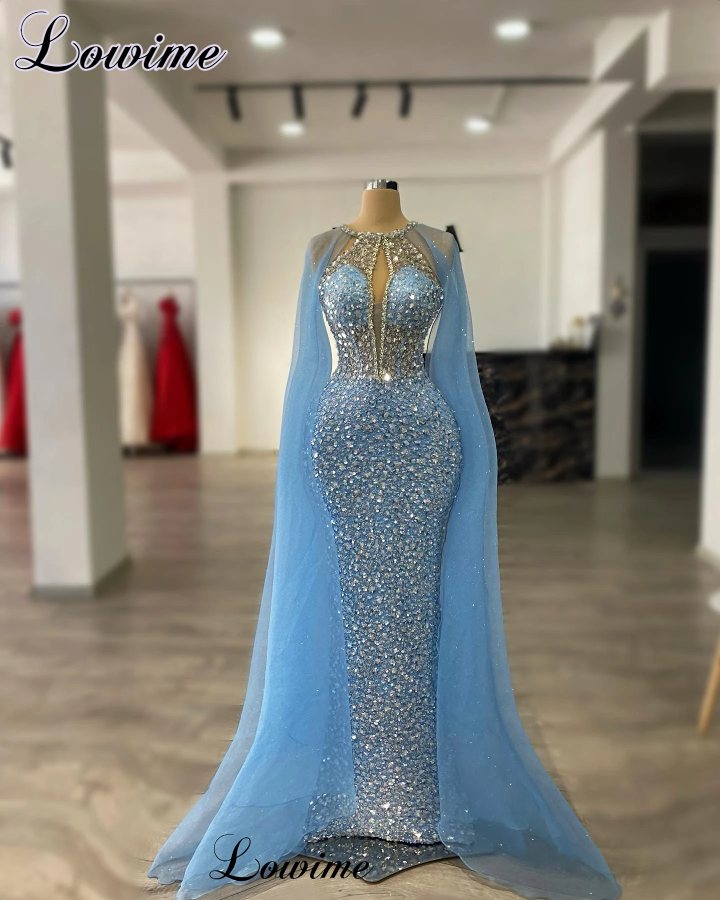 

Baby Blue Sequined Celebrity Dresses Mermaid Long Sleeves Evening Gowns Simple Vestidos De Gala Prom Party Dresses For Women