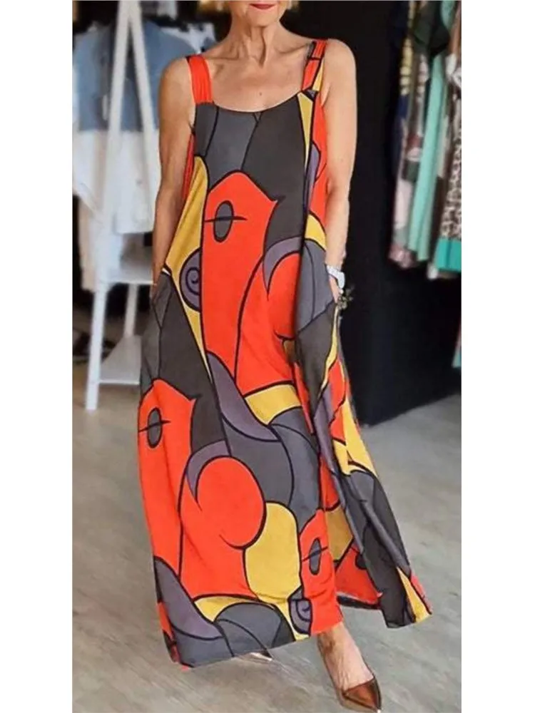 

Print Spaghetti Strap Dresses Women Fashion Casual Pocket Loose Long Dress Lady Commuting Clothing Maxi Vestidos 2024 Summer New