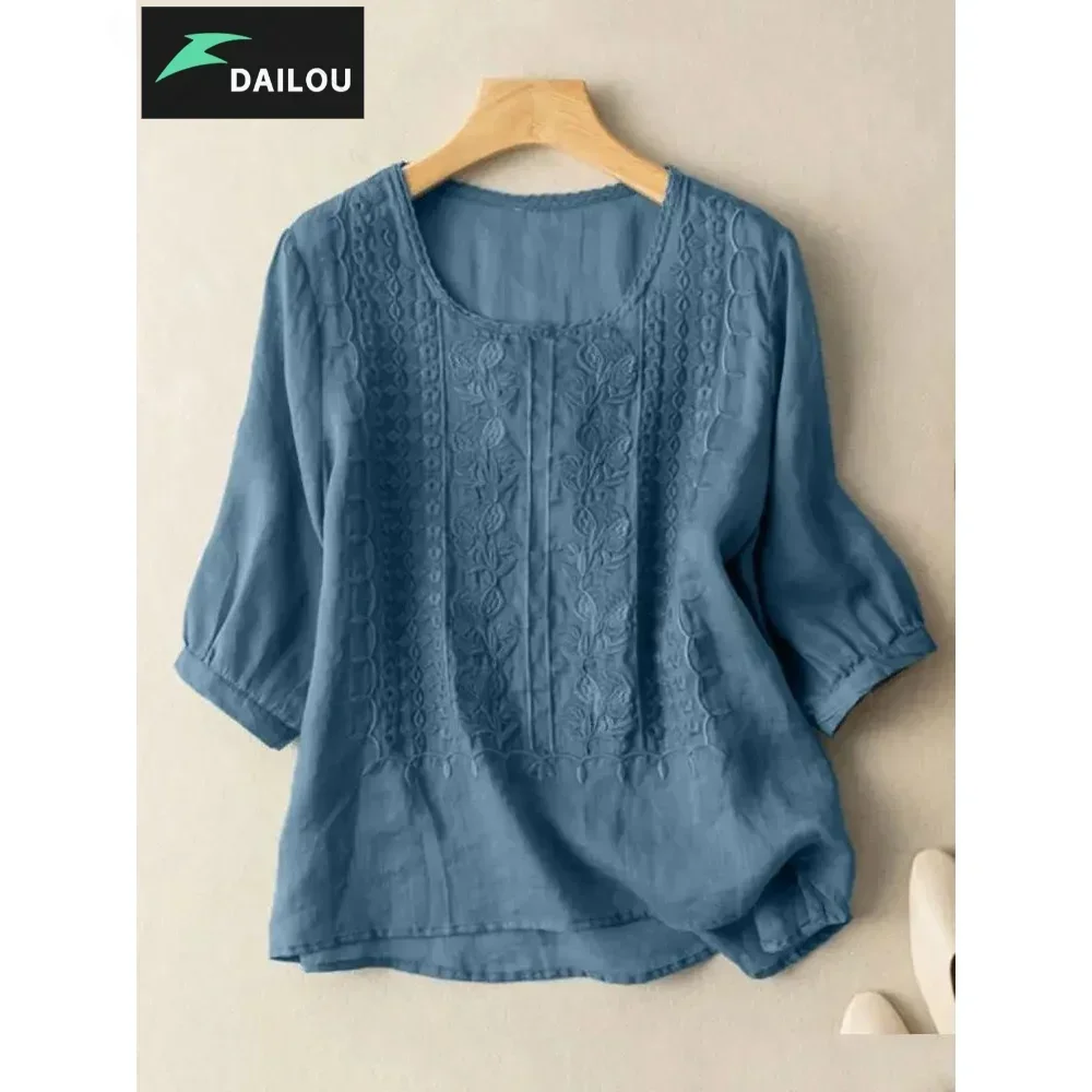 

DAILOU Floral Embroidery Shirts Summer Lace Crochet Blouse Women 3/4 O Neck Sleeve Tops Femme Tunic Causal Cotton