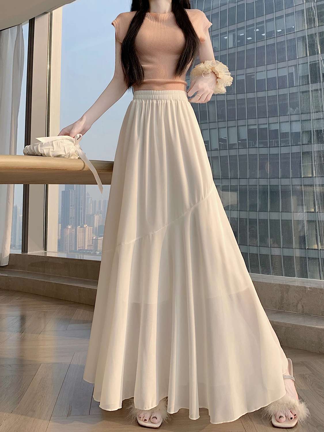 

Корейская дизайнерская юбка-полусолнце с кружевной отделкой и вставками из шифона, женская, весенняя, модная, с высокой талией, приталенная, А-силуэт, длинная юбка