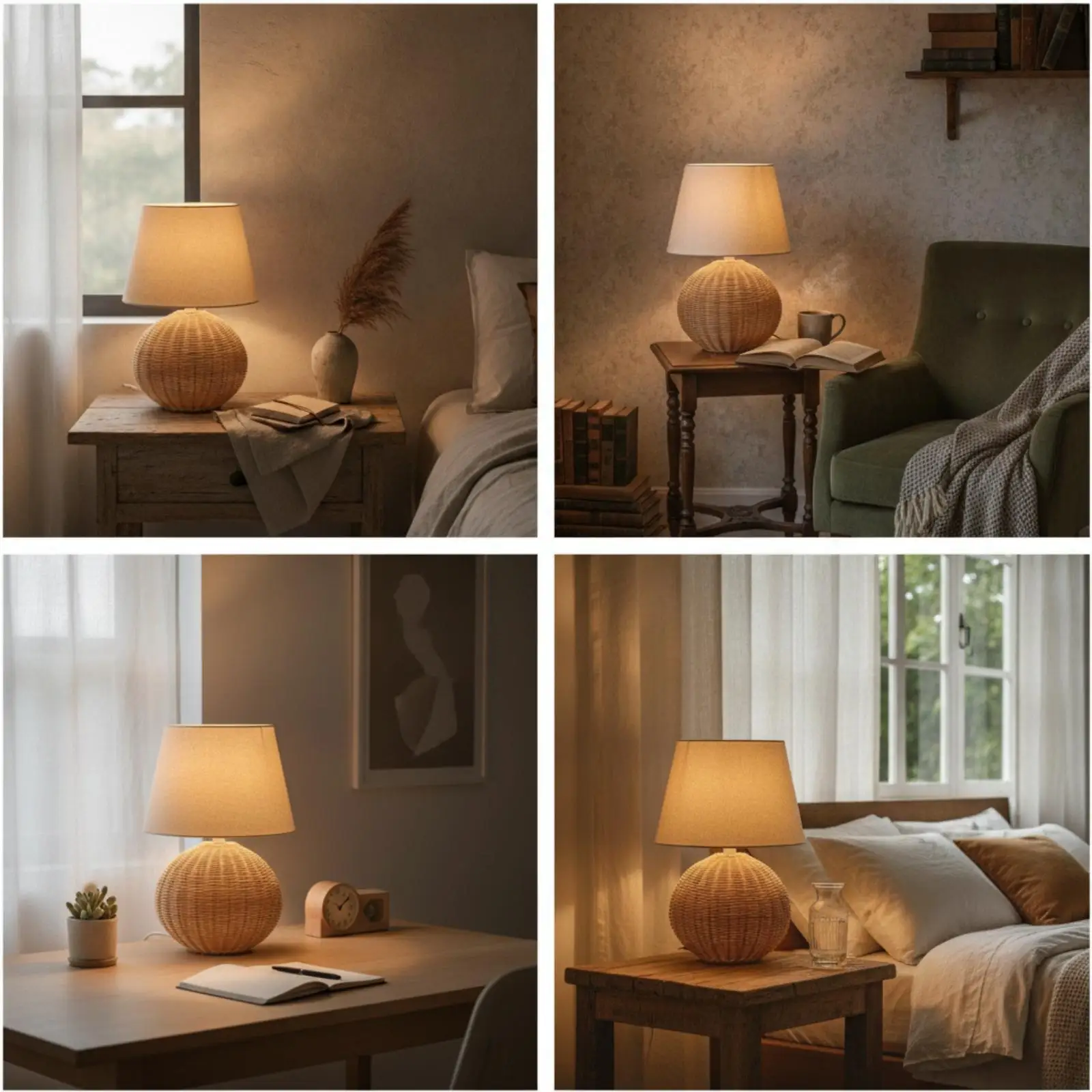 Bedside Lamp Rattan Base Fabric Shade Night Table Lamp Decorative Lighting for Bedroom Living Room view 2