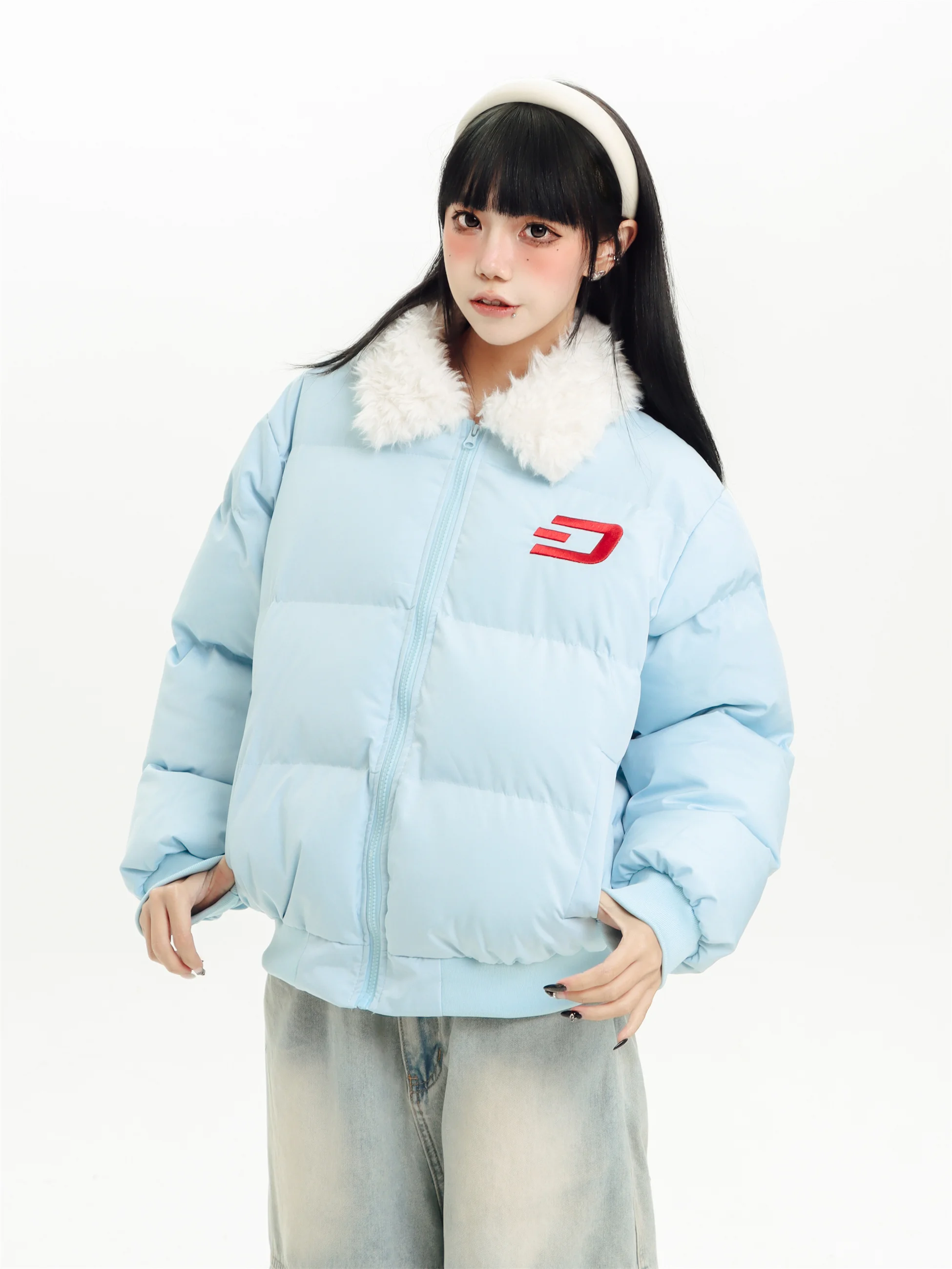 

KESOAK Original Thiened Lamb Collar Cotton Jaet Loose Women's Men's Winter Coat Sweet Sle Zipper Closure Long Sve