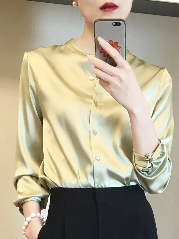 

Шелковая рубашка женская, осенняя мода 2025, новый стиль, в холодных тонах, премиум-класс, корейская версия, с длинным рукавом, дышащая, приятная к коже.