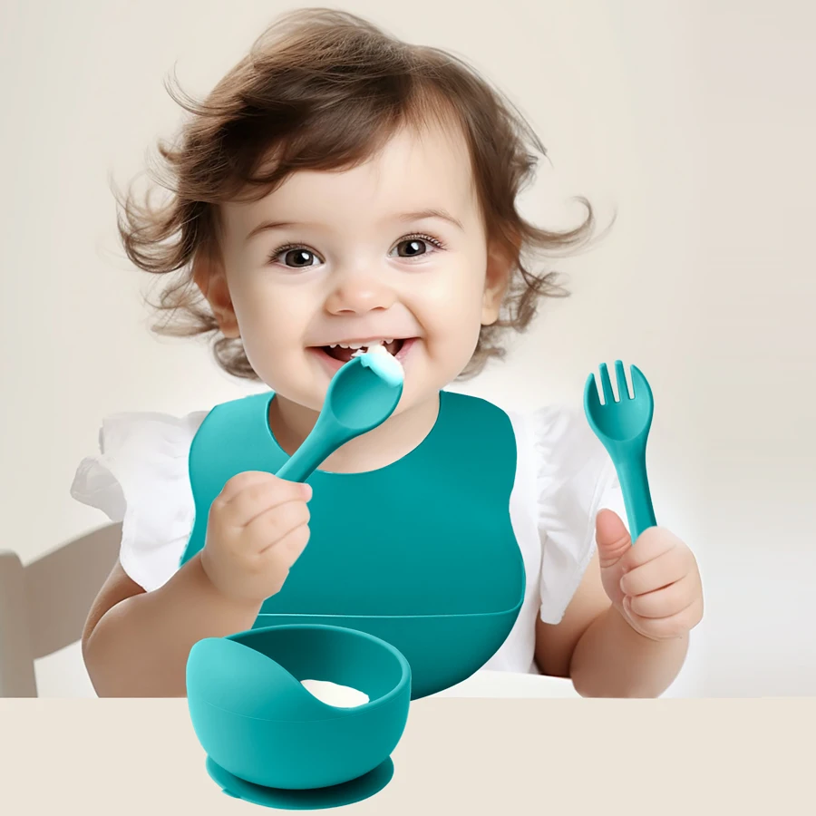 

4PCS Silicone Baby Tableware Set Adjustable Bib Color Contrast Non-slip Bowl Feeding Training Spoon Fork Food Grade Baby Stuff