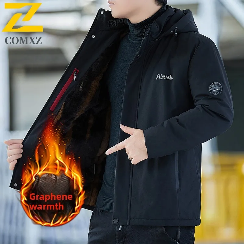 

Мужская хлопковая куртка из графенового флиса, утолщенная ветрозащитная теплая пуховая куртка с капюшоном, уличная повседневная зимняя одежда, мужское хлопковое пальто на молнии