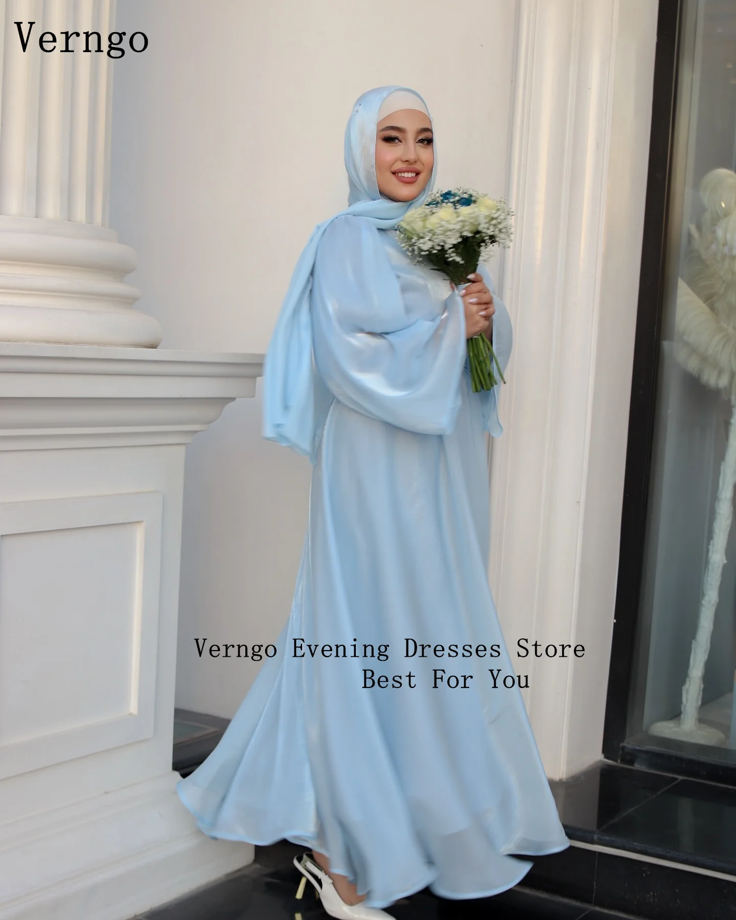 Verngo light Blue Evening Dresses High Neck Puff Long Sleeves Prom Gowns Muslim Elegant Formal Party Dress Customized