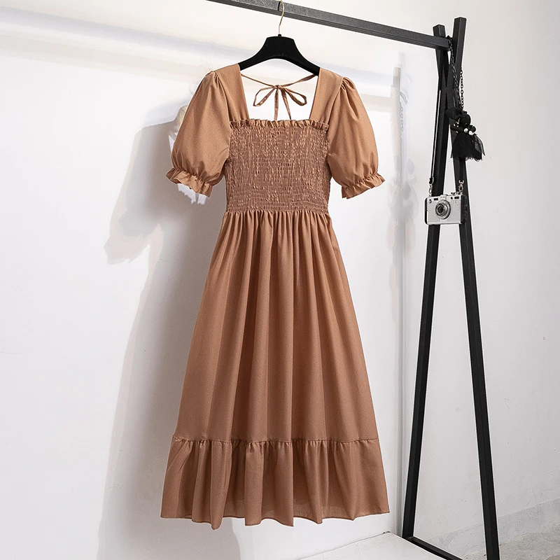 A Line Chiffon Short Sleeve Pleated Casual Outfit for Women - Khaki