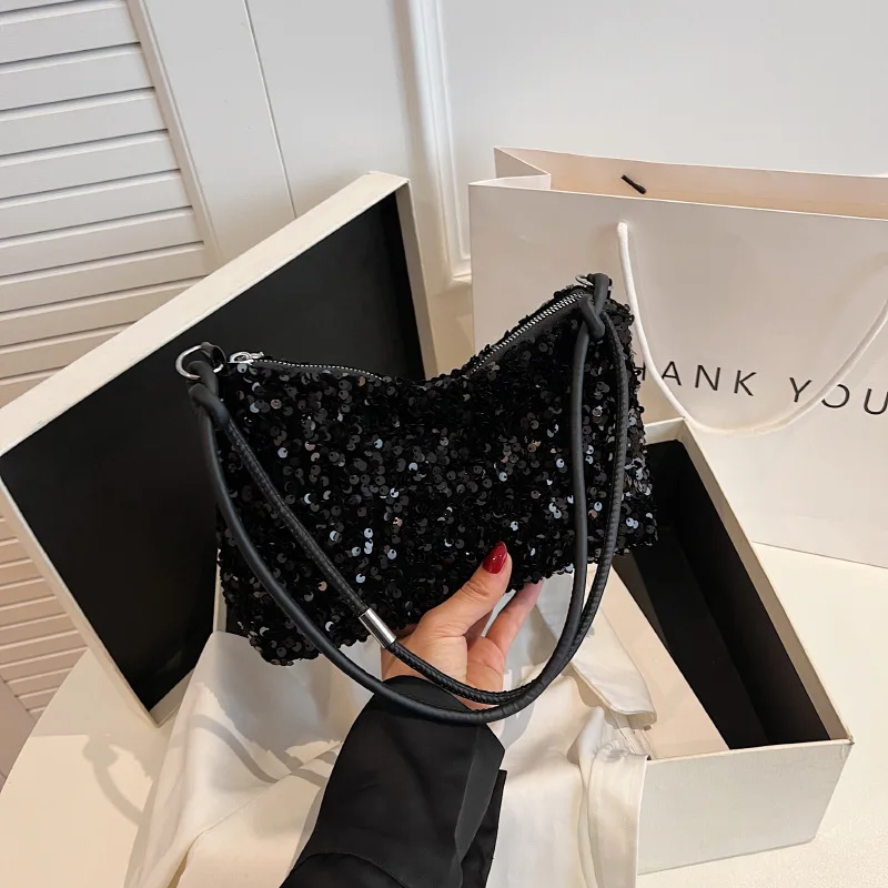 2024 Spring New Handbags For Women Fashion Casual Shoulder Bags Shining Sequin Silver Black Tote Bags Simple Trendy Shopping Bag