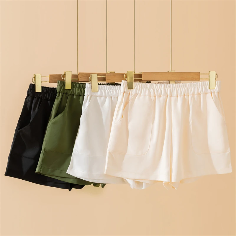 Women's Summer Elastic Waistband Shorts with Pockets Casual Smooth Satin Solid Color Fashionable Comfortable New Arrivals