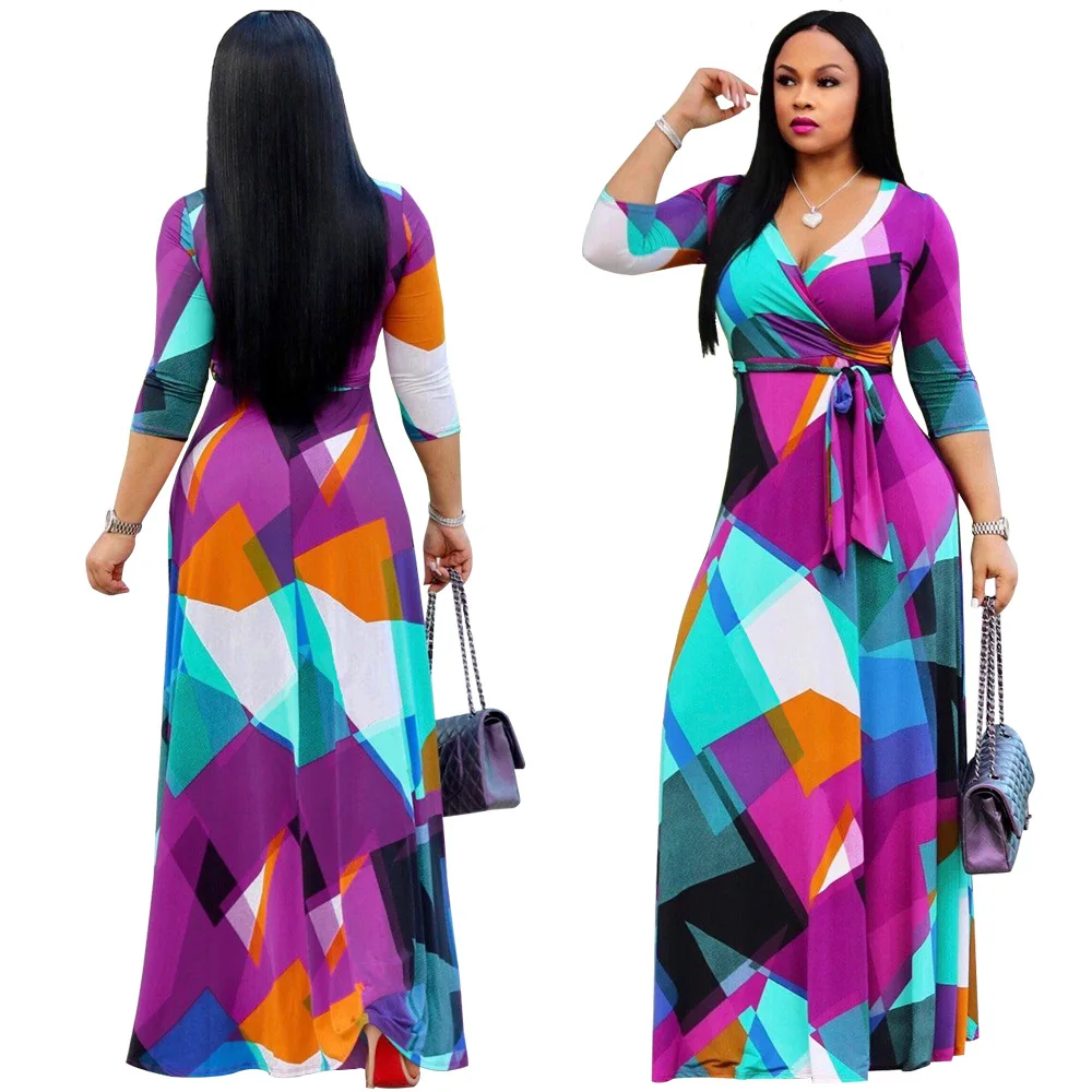 

Long Dress Women Print Dresses A Line Vestidos Y2k Streetwear V Neck Sexy Full Sleeve Tight Waist Elegant Party Night Work