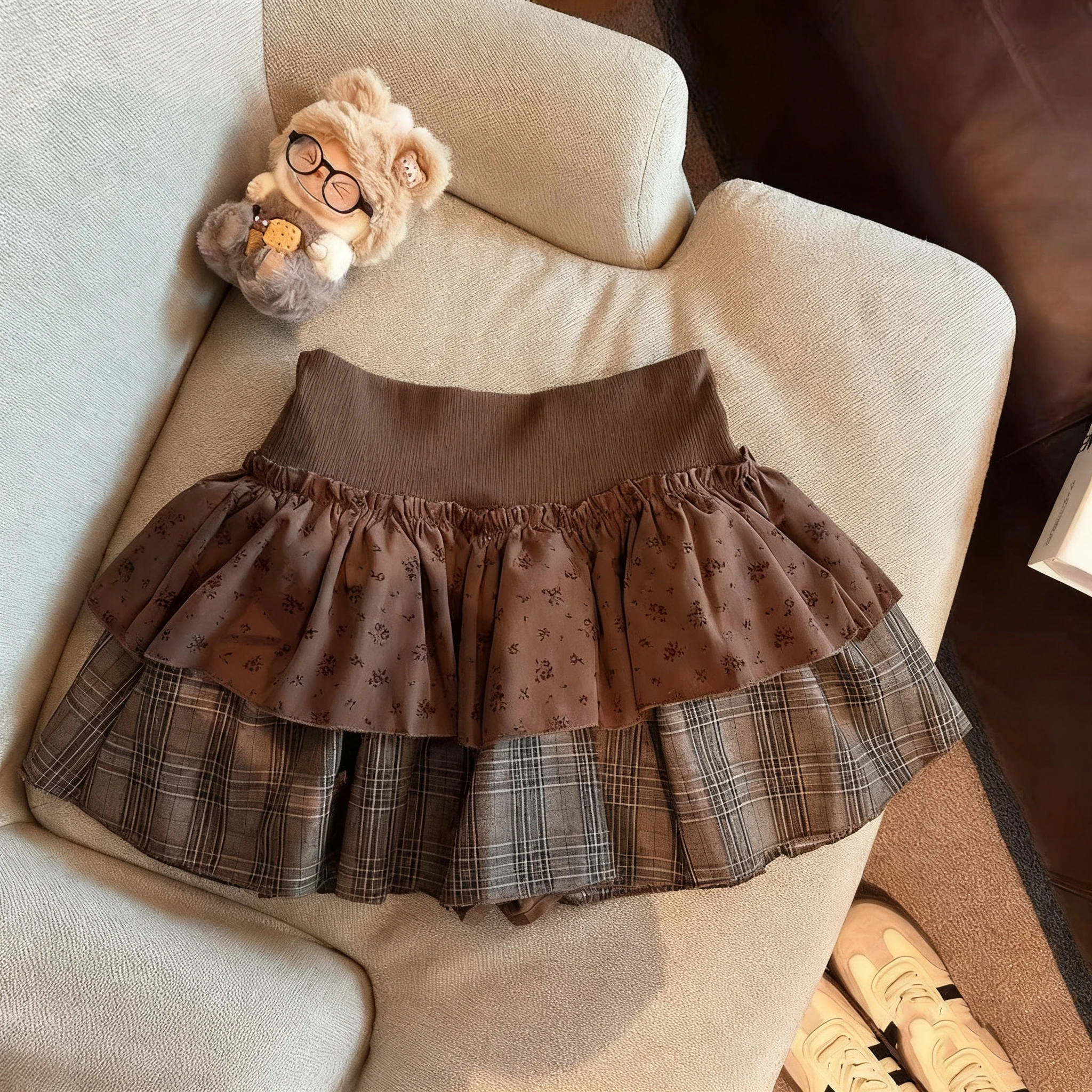 Autumn Winter Women's Sweet Lolita Mini Skirt - Lace & Plaid Layered Ruffle High Waist Skirt Vintage Casual Fashion Flared Skirt