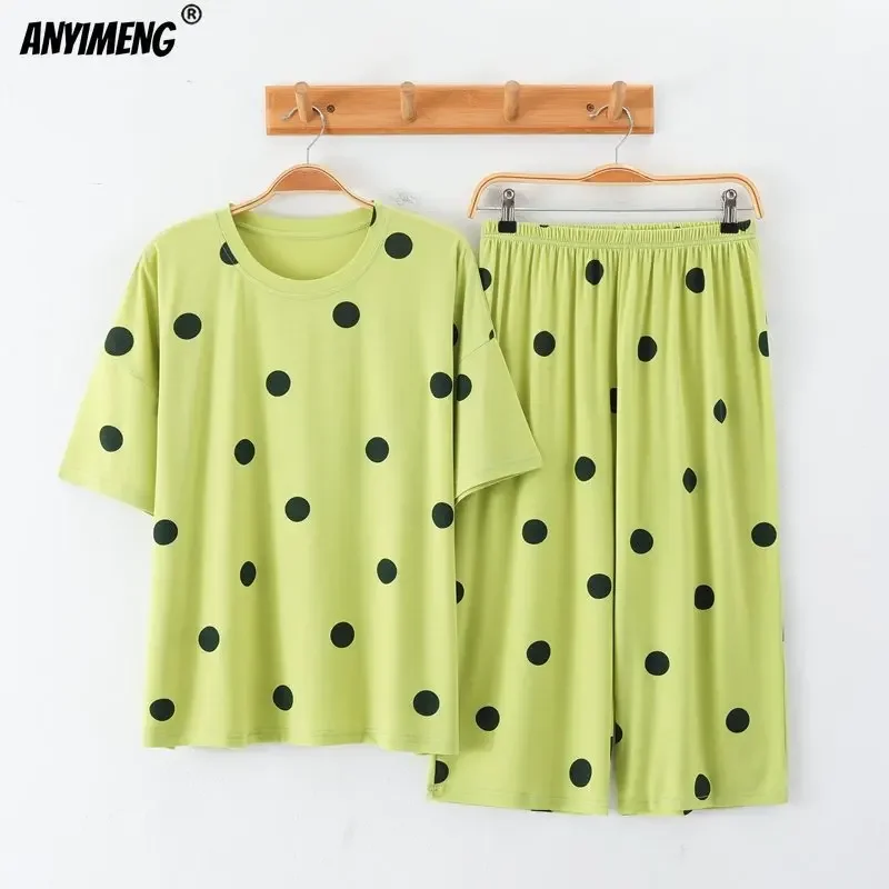 M-5XL Polka-dotted Summer Sleepwear for Women Cool Modal Moon Nightwear Casual Woman Capris Pajama Mujer Knee-length Homesuit