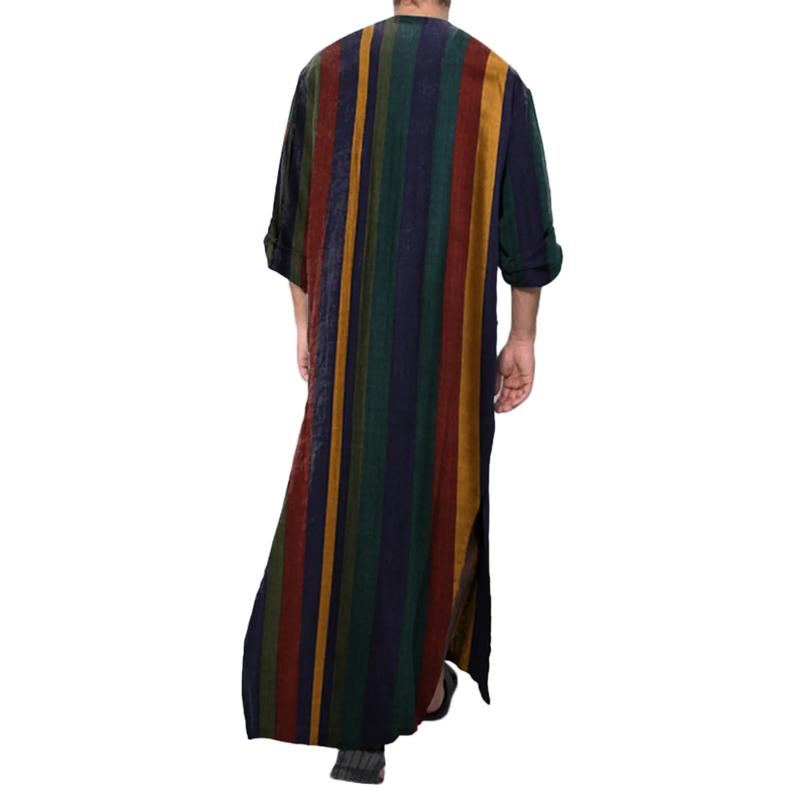 Men's Muslim Robes Striped Print Long Sleeve Cotton Pockets Robes Casual Vintage Islamic Arab Kaftan Men Dubai Kaftan 2024 New